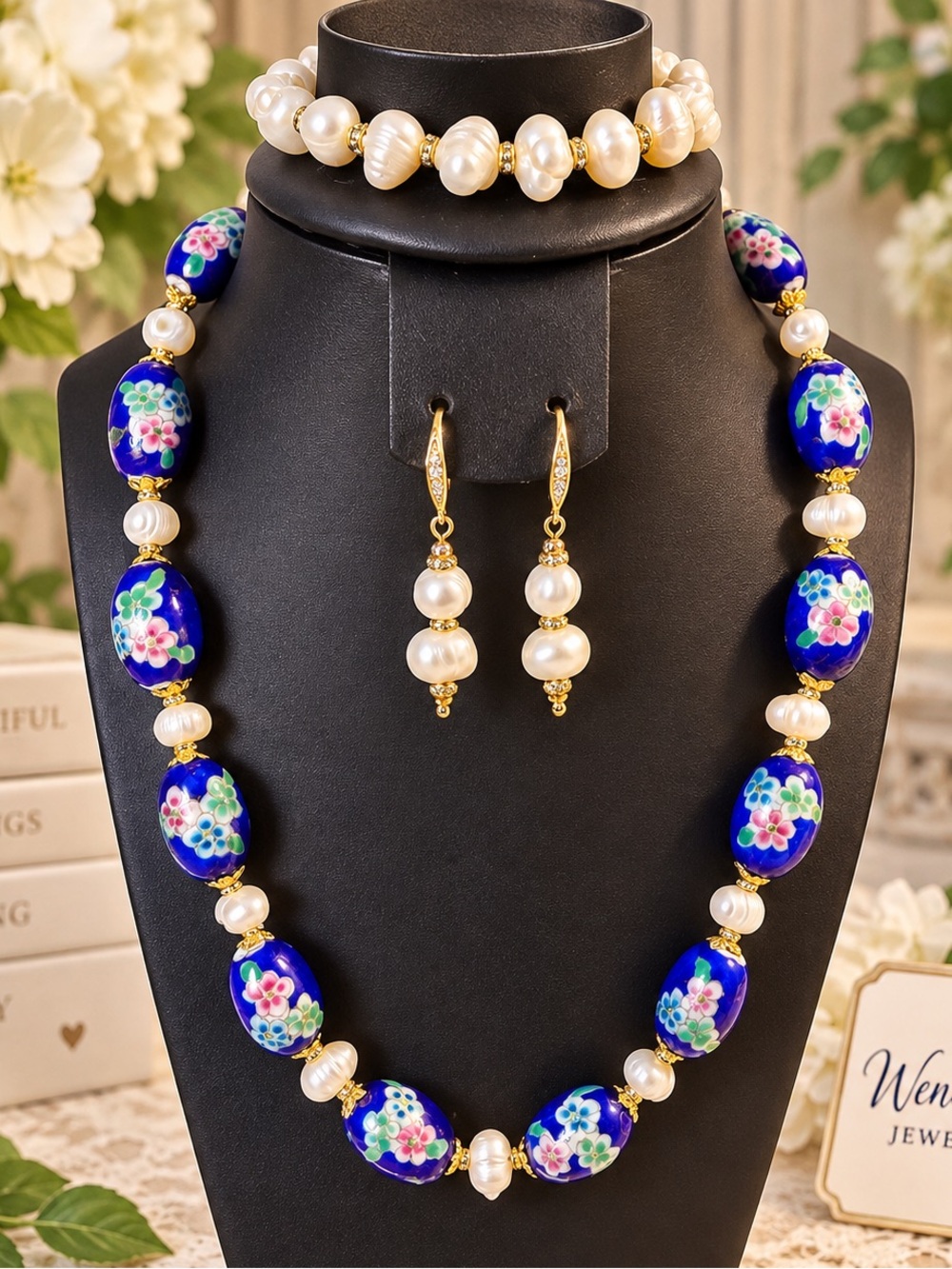 Vintage / Artisan Floral Art Glass Beaded Japanese Hand Painted Cobalt Blue